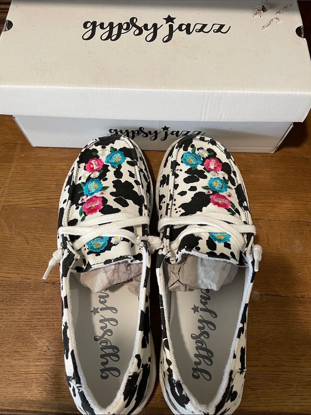 Gypsy Jazz Cow Print Canvas Shoes with Pink & Teal Floral Embroidery - Picture 5 of 6